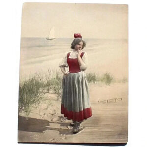 Antique Vtg Girl On Beach Alfred S. Campbell Art Relievo 3-Dimen Embossed Photo